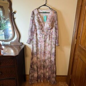 Purple and Green Plunge Neck Bishop Sleeve Gown